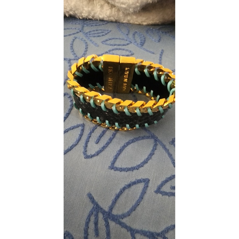 Ikonika Made in Italy Snakeskin Gold Chain Turquoise Whipstitch Cuff Bracelet 7"
